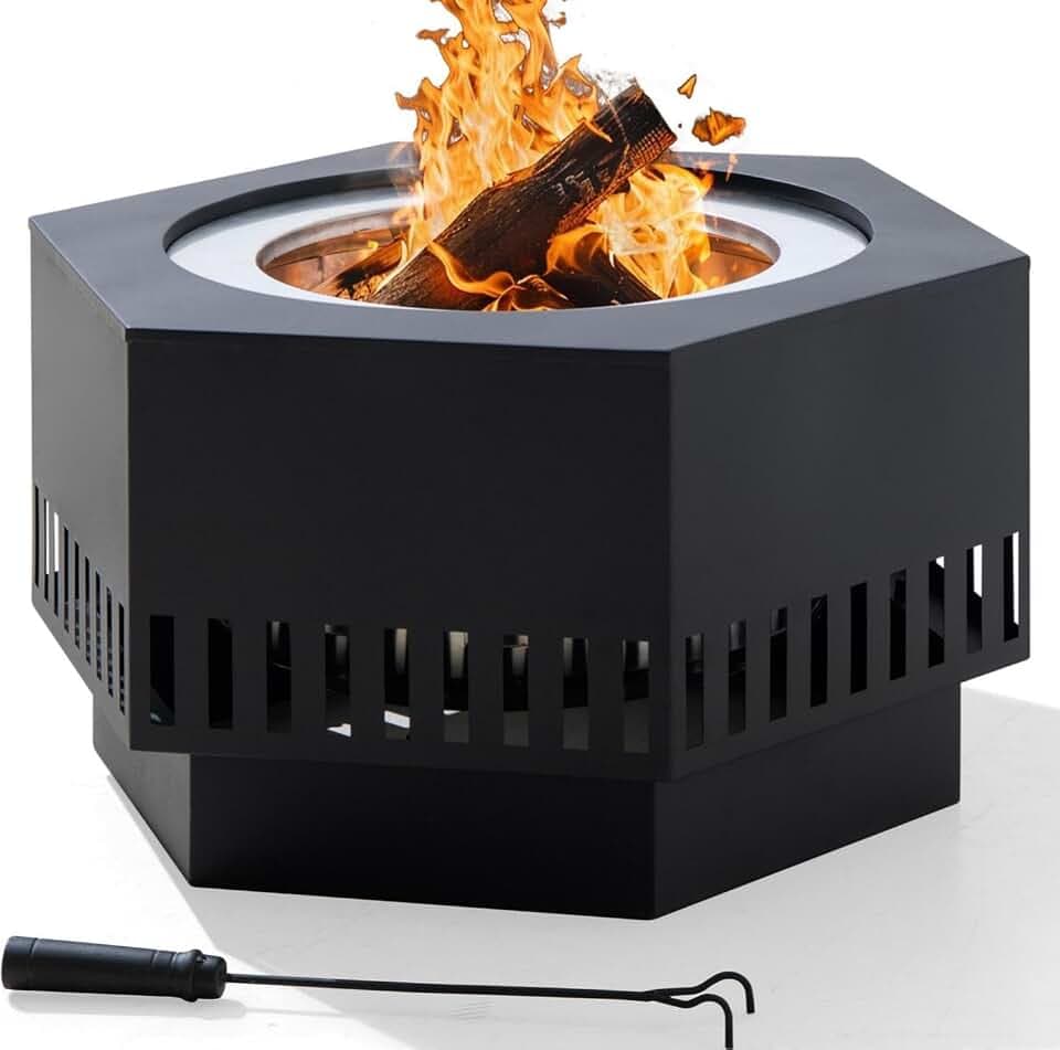 SUNJOY Smokeless Fire Pit 28-Inch Hexagonal Firepit for Outdoor, Stainless Steel Wood Burning Fireplace with Removable Ash Pan, PVC Cover and Fire Poker, Ideal for Camping, Bonfire, Backyard, Black