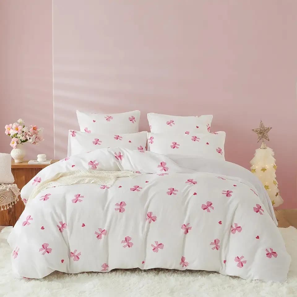 Flanell Bettwäsche 140x200 Rosa Schleifen Kawaii Winter Warm Biber Plüsch