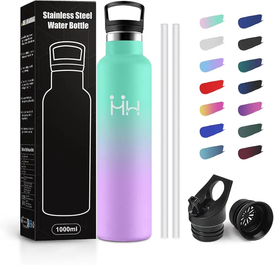 Thermosflasche 1L, Isolierflasche mit Strohhalm, Trinkflasche BPA-Frei, Kohlensäure Geeignet, Auslaufsicher Doppelwandig, Wasserflasche für Fitness, Laufen, Büro, Kinder, Uni, Camping