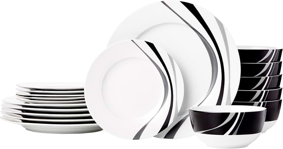 Amazon Basics 18-Piece Complete Kitchen Dinnerware Set, Microwave and Dishwasher Safe, Plates, Dishes, Bowls, Swirl, Heat Resistant, Service for 6, Everyday Use