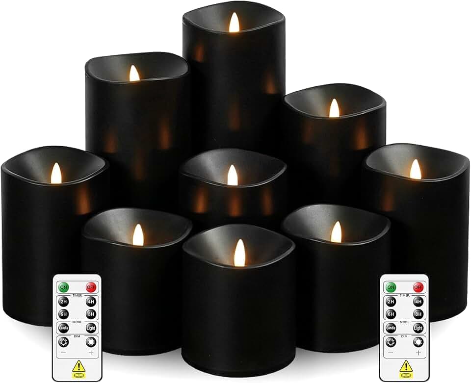 Sasigeiaa Flameless Candles with Remote - 9 Pack Battery Operated LED Candles, Realistic Fake Candles (D3 x H3/4"/5"/6"/7" Assorted, Black) for Wedding Centerpieces, Home Decor, Party