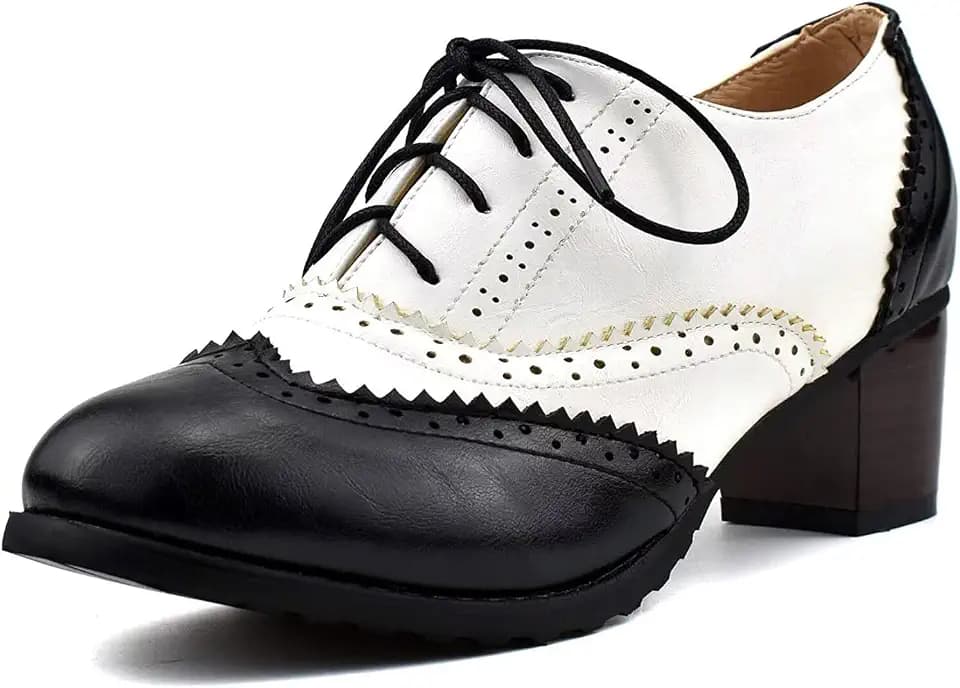 KISSASA Damen Wingtip Block High Heels Brogues Vintage Schnürschuhe Oxford Schuhe
