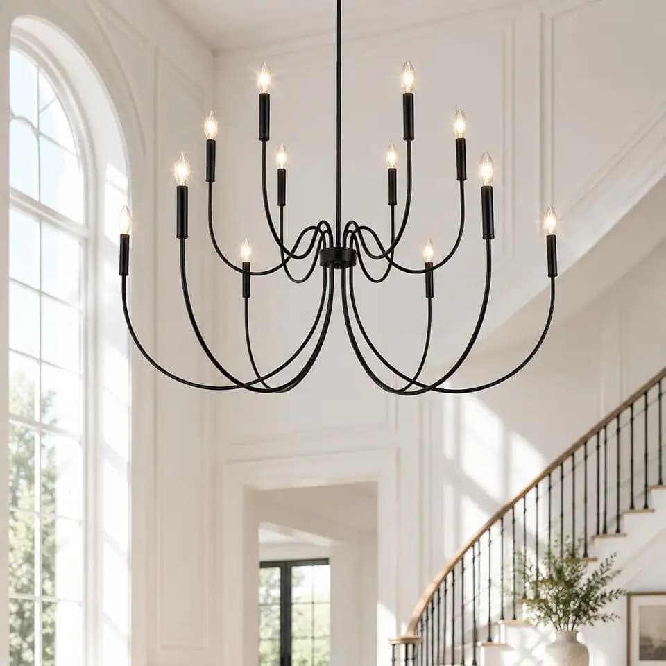 LALUZ 48'' Extra Large 12-Light 2-Tier Black Chandelier