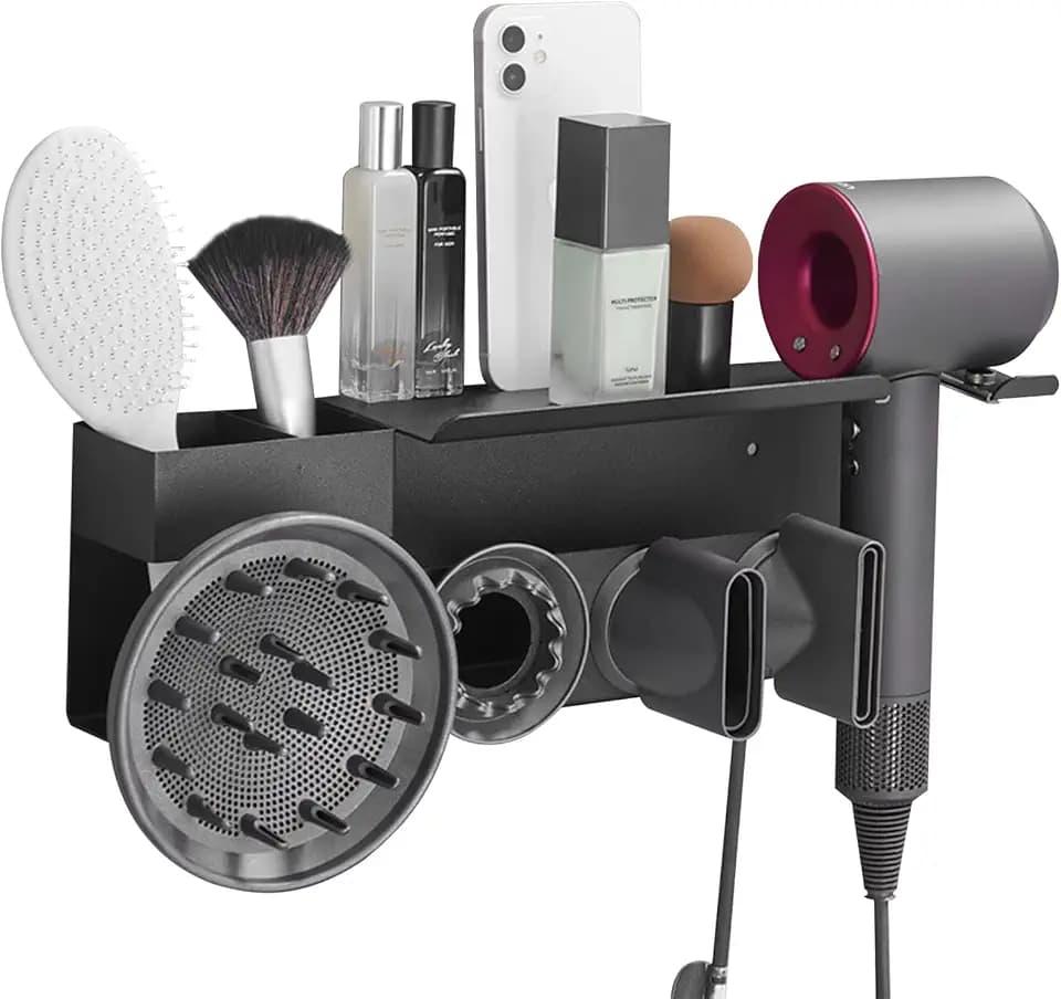Bocguy Dyson Fön Wandhalterung, Dyson Föhn Halterung Ohne Bohren mit Kleber & Schraubengruppe, Dyson Fön Halterung für Badezimmer Hause Multifunktionales Lagerregal Haartrocknerhalter