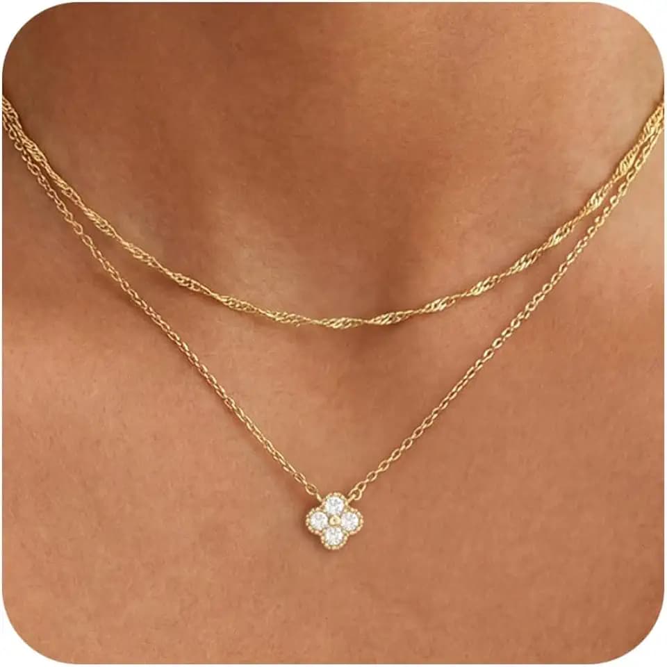 Dainty Gold Necklaces for Women Trendy Non Tarnish 14K Gold Plated Cubic Zirconia Necklace Layered Simple Cute Four Leaf Clover Choker Jewelry Birthday Gifts
