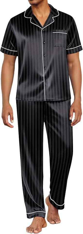 Ekouaer Mens Satin Pajama Set Short Sleeve Button Down Sleepwear with Pant