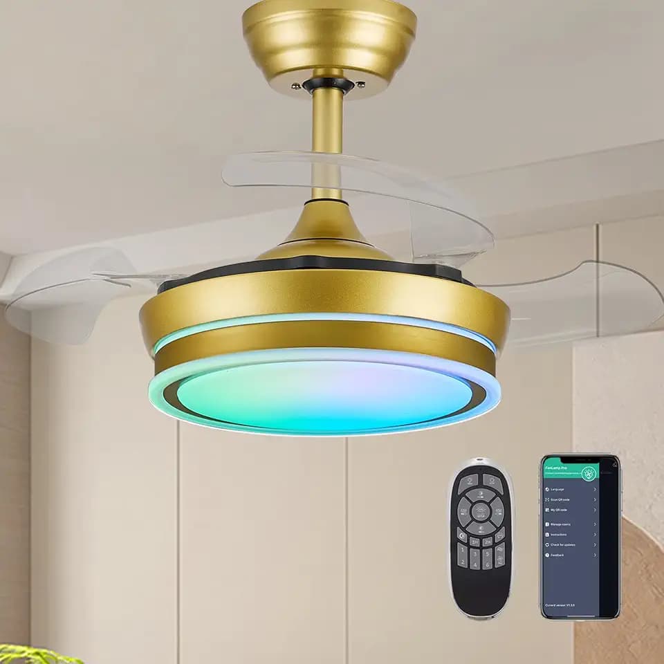 30" Retractable Ceiling Fan with Light, RGB Modern Fandelier 6 Speeds Reversible Blades Dimmable Remote App Control Memory Timer Gold