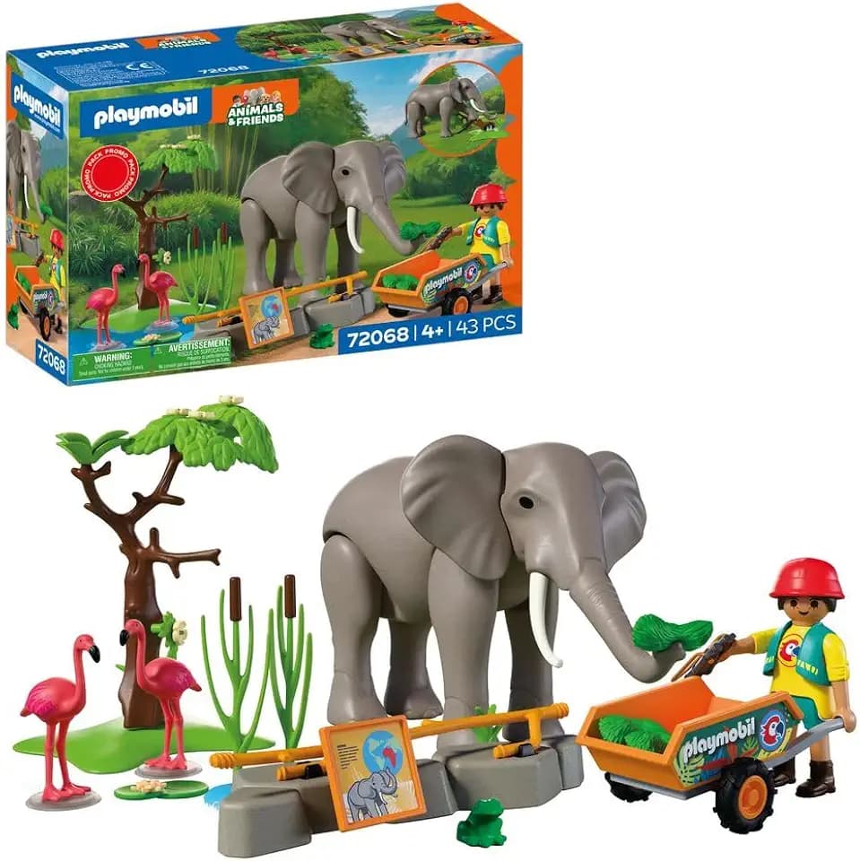PLAYMOBIL | Animals & Friends | Elefant mit Tierpfleger | Zoo Spielzeug Set mit 4 Tieren & Gehege-Zubehör | Für Kinder ab 4 Jahren | 72068