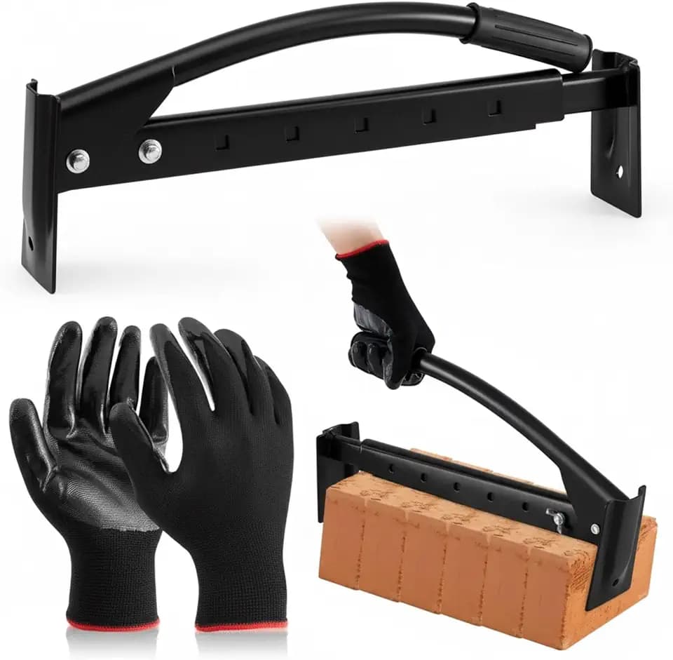Adjustable Heavy Duty Brick Tongs Set Between Carry 6 to 10 Bricks Heavy Duty Block Tongs with Rubber Pad Handle and Gloves for Bricks Lifting Carrying (Black)