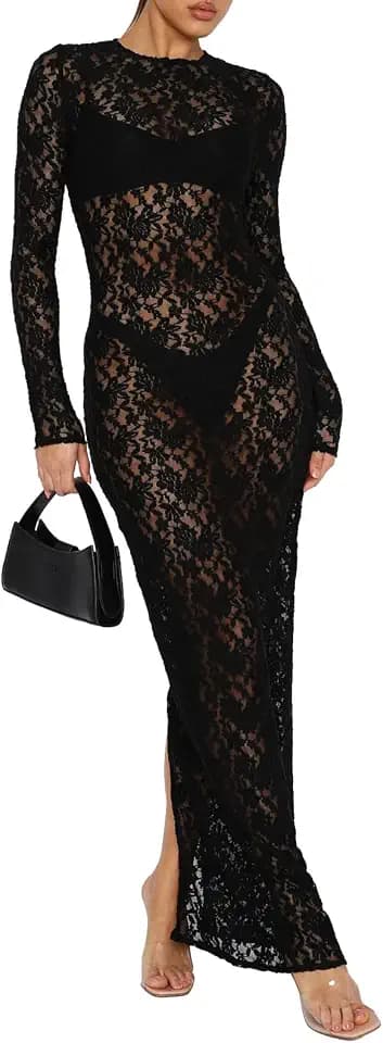 Loalirando Langes Kleid für Damen, transparentes Kleid für Damen, elegantes Kleid, Langarm, Spitzenkleid, Blumenmuster, Vintage, Partykleid, Bodycon, Abendkleid