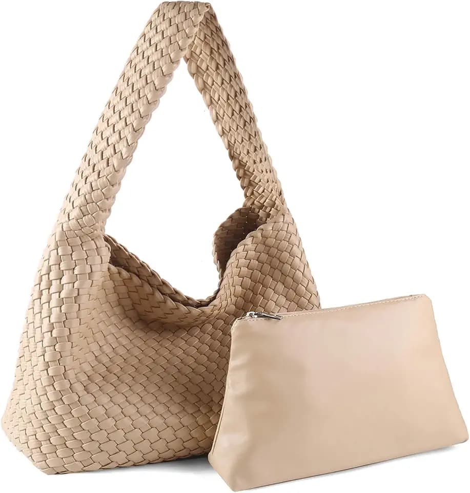 Woven Vegan Leather Hobo Tote Bag with Pouch for Women | lightweight