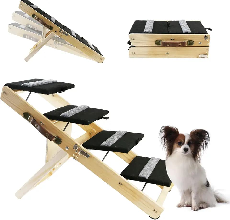 2-in-1 Indoor Pet Ramp, Wooden Folding 4-Tier Pet Stairs with Non-Slip Carpeted Steps, Ramp Perfect for Bed and Couch, 12.5" to 22.5" Height Adjustable (31.5x15)