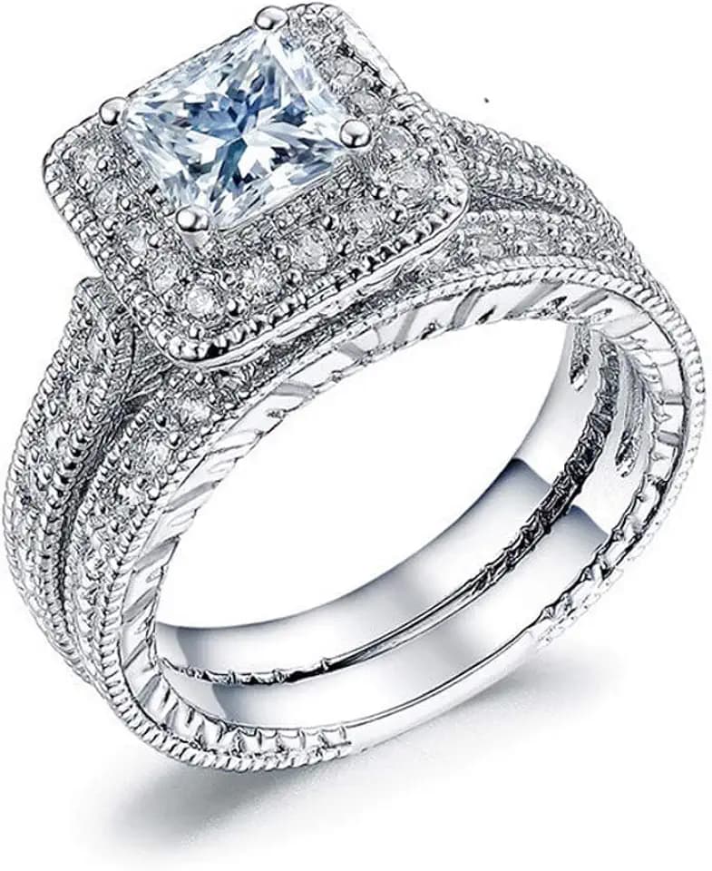 925 Sterling Silver Two in one Double-Layer Cubic Zirconia Wedding Ring for Women, Halo Wedding Ring Set, Men's and Women's Titanium Stainless Steel Ring 2-Piece Set Size 10