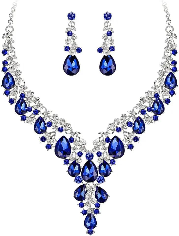 Bridal Bridesmaid Austrian Crystal Jewelry Set, Floarl rhinestone Statement Neckace Teardrop Necklace Drop Dangle Earrings Set