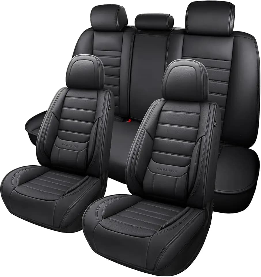 MINGBRON Black Car Seat Cover with Lumbar Support, Car Seat Protector Waterproof, Nappa Leather Car Seat Cushion, Car Seat Covers Front Seats and Back Fit for Most Cars