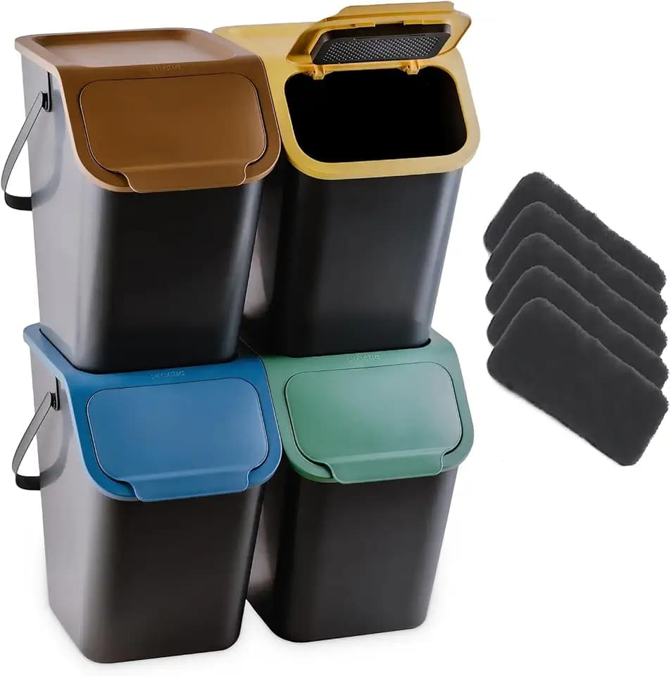 Küchen Mülleimer mit Kohlefilter Set 4 Stück 25L mit Deckel, Mülltrennsystem mit Kohlefilter, Abfallbehälter zur Trennung, Click-Funktion, Robuster, Kunststoff, Recycling