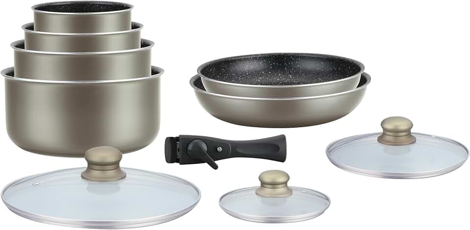 Herzberg Cookware Set - Induction Pot Set - All Heat Pot and Pan Set - Stone Coating Cookware Set with Removable Handle 10 Pieces HG-5000 Carbon
