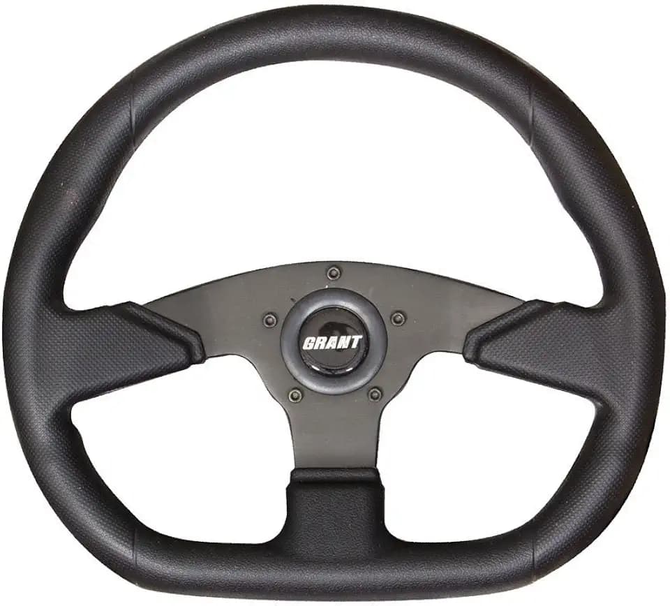 Grant 689 Steering Wheel, Performance and Race, 13.75 x 11.75 in Diameter, D-Shaped, 1.5 in Dish, 3-Spoke, Black Polyurethane Grip, Aluminum, Black Anodized, Each