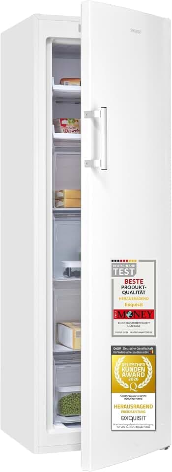 Exquisit Gefrierschrank | 204 l Nutzinhalt, Energieklasse C, 39 dB, hoch, inoxlook | No Frost, Schnellgefrieren, elektronische Temperaturregelung, LED | GS5271-NF-H-040C inoxlook