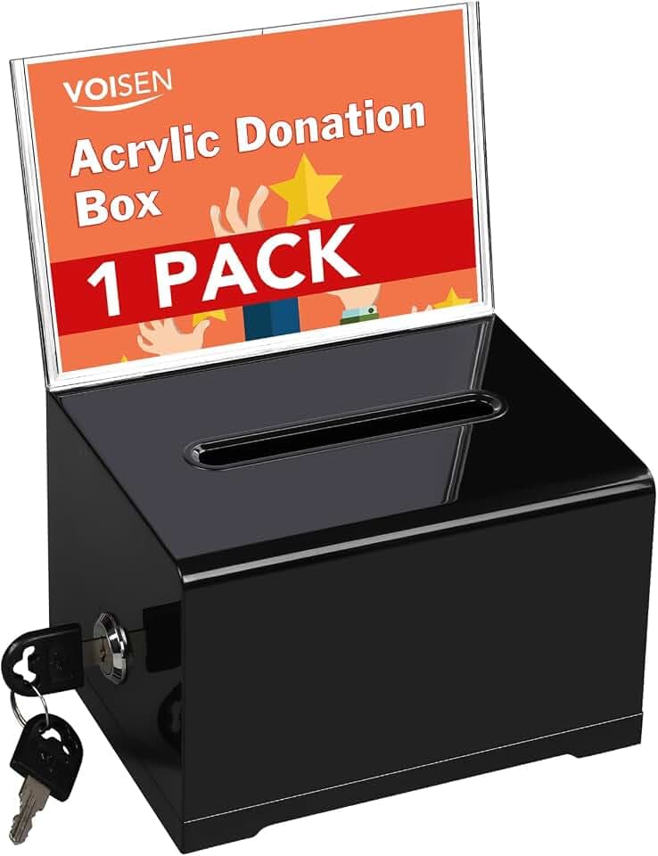 VOISEN Acrylic Donation Box with Lock, Black Tip Jar with Sign Holder