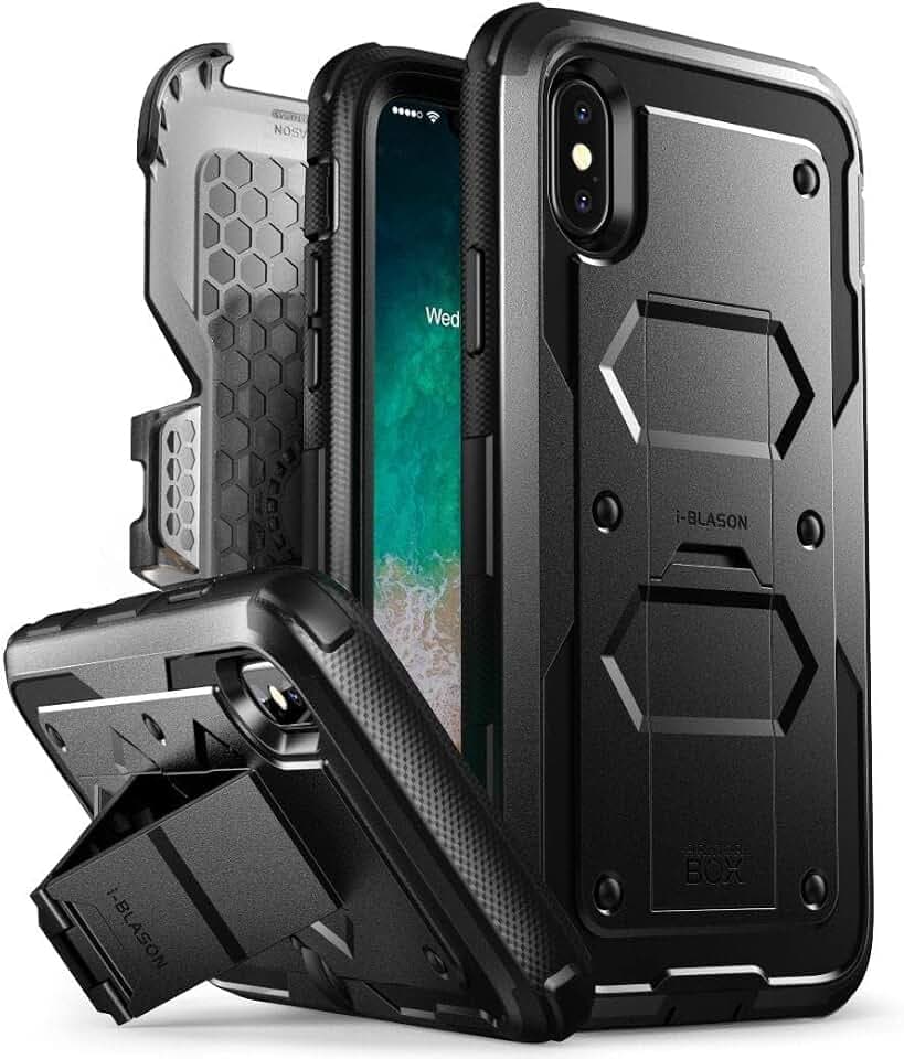 i-Blason Armorbox V2.0 Schutzhülle für iPhone X, mit integriertem Displayschutz aus gehärtetem Glas, robuster Schutz, Ständer, stoßdämpfend, 14,7 cm (5,8 Zoll), Schwarz