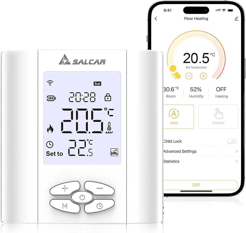 SALCAR Smart Thermostat Boiler WLAN Heizungsthermostat T5W WiFi Raumthermostat mit Luftfeuchtigkei Tuya Programmierbar Wandthermostat Fussbodenheizung Wasser Batterie Enthalten