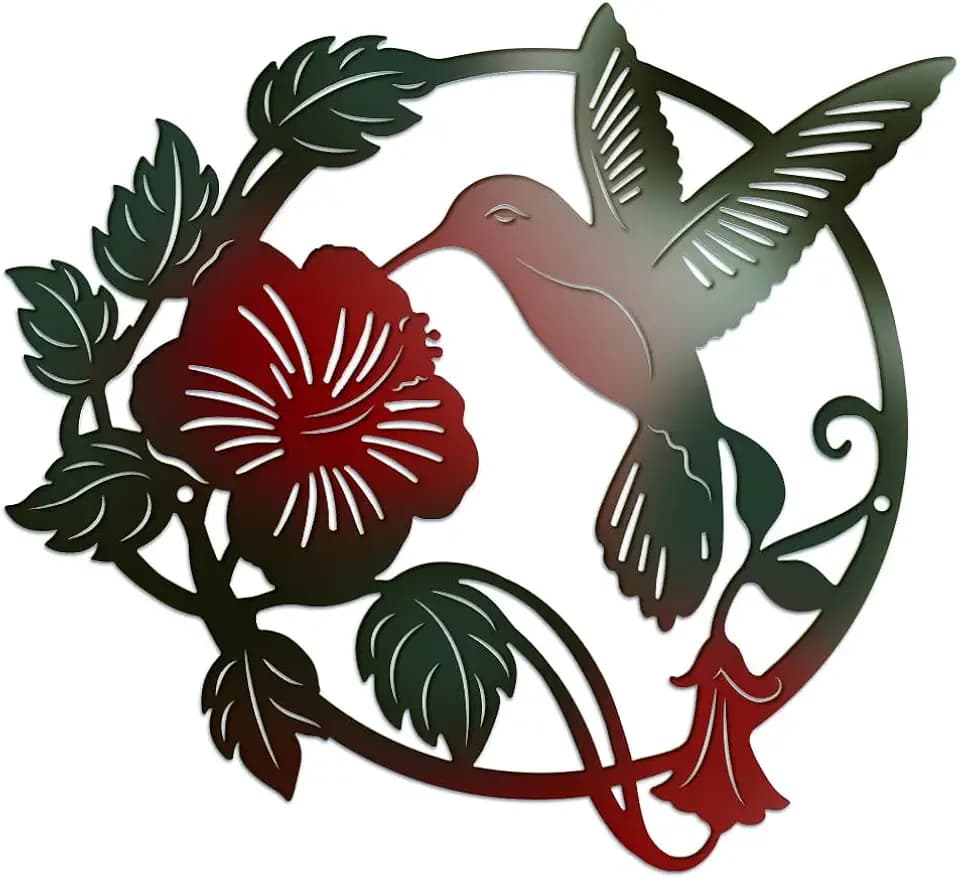 GLASSWINDS Round Metal Bird Wall Art Decor, 10.8x11.8 Inch Hummingbird Wall Hanging Metal Art for Living Room Bedroom Office Garden Outdoor Decor, Multicolor