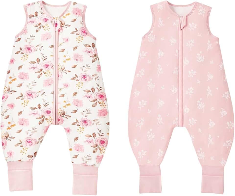 Baby Schlafsack mit Füßen 1.0 Tog 2er Pack – Superweiches Viskosegewebe aus Bambus, Ärmellos, für Jungen und Mädchen, für Frühling, Sommer und Herbst, Rosa, XL