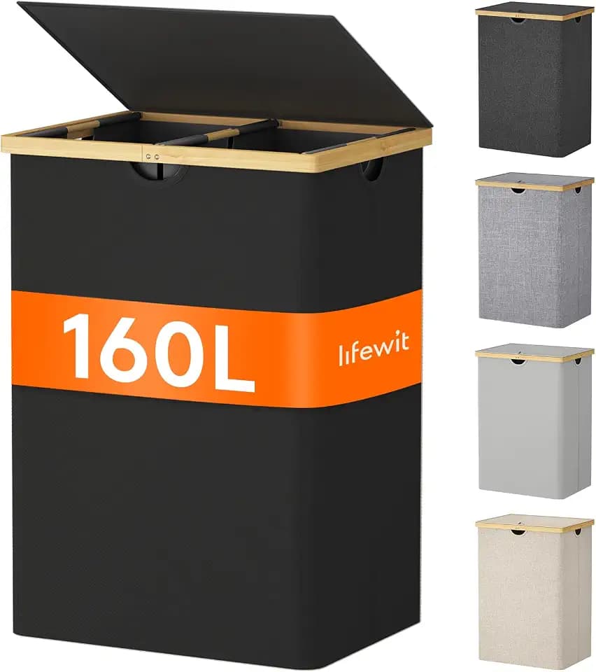 Lifewit 160L Bambus-Wäschekorb mit 2 Fächern und Deckel, Schwarz | Faltbarer Wäschesammler mit 2 herausnehmbaren Wäschesäcken und Bambusgriffen, Wäschesortiersystem für Schlafzimmer und Bad