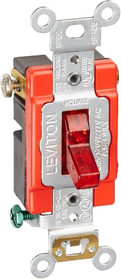 Leviton 20-Amp, 120 Volt, Toggle Pilot Light, Illuminated On, Req. Neutral Single-Pole AC Quiet Switch, Extra Heavy Duty Grade, Self Grounding, 1221-PLR, Red