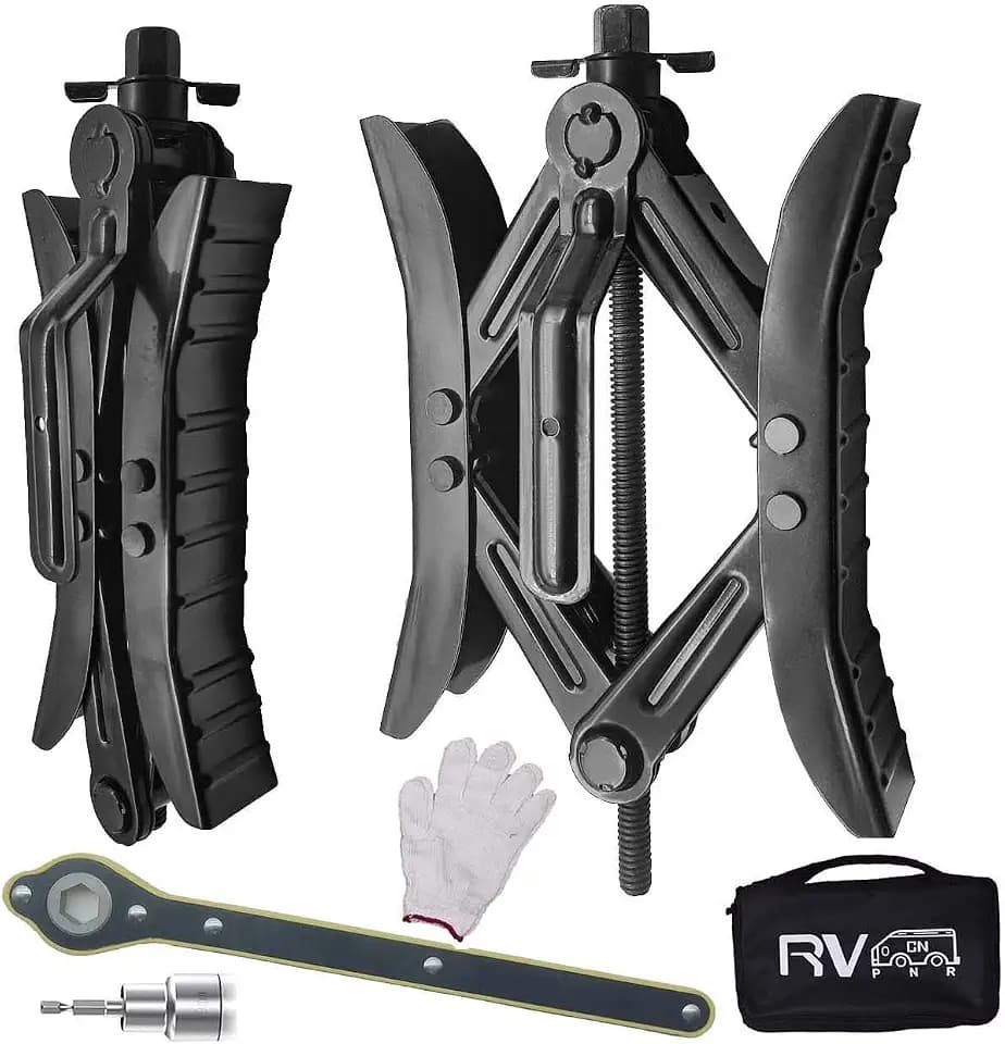 Camper Wheel Chock Stabilizer, RV X Chocks Wheel Stabilizer, Wheel Chock Scissor 2 Sets Tire Locking Chocks Accessories with Ratchet,hex Socket, Tool Kit, Gloves (Black)