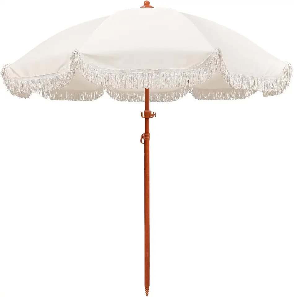 Jihfmo 7ft Cream/White Boho Fringe Beach Umbrella, 8mm Ribs, Sand Anchor