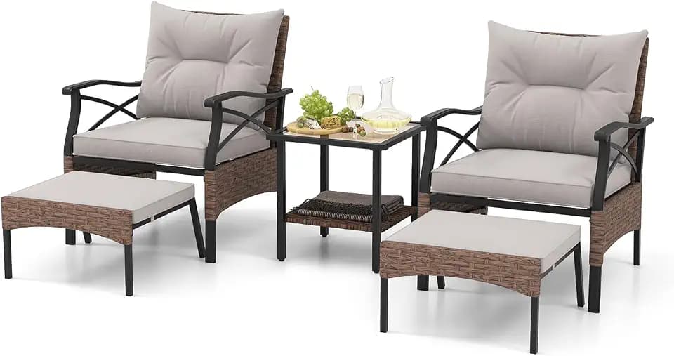 COSTWAY Rattan Gartenmöbel Set, 5-teiliges Balkonmöbel, Balkonset inkl. 2 Stühle mit Kissen, Hocker & Tisch, Terrassenmöbel, Gartengarnitur, Sitzgruppe für Garten, Balkon, Terrasse