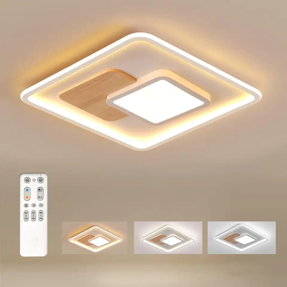 Quadrat LED Deckenleuchte, Deckenlampe mit Holz, Deckenlampen Dimmbar mit Fernbedienung, Moderne Runde Holz Deckenlampe für Schlafzimmer Kinderzimmer Wohnzimmer Küche (41.5 * 41.5CM 40W)