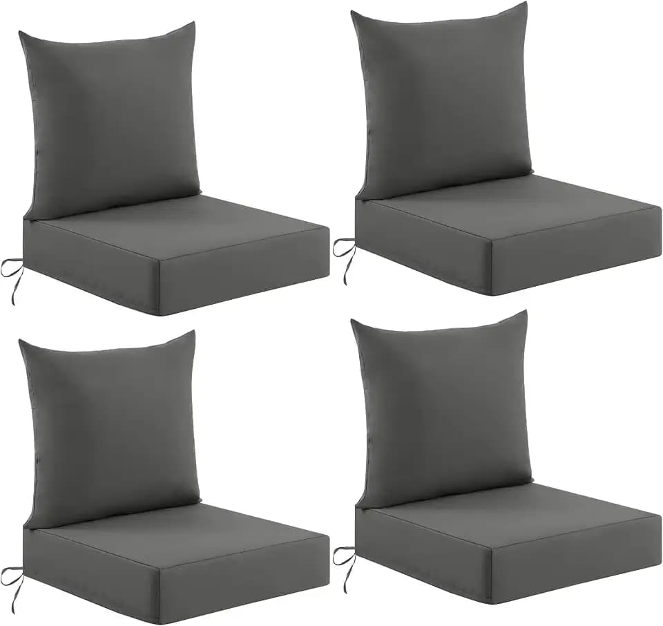 Deep Seat Patio Cushions Set of 4, 24x24x5.75 Inch, Waterproof Outdoor Chair Cushions, Fade Resistant Patio Furniture Cushions with Ties for Couch, Sofa, Lawn, Outside, Dark Grey