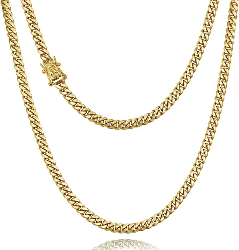 3mm 6mm Miami Cuban Link Chain 14K Real Gold Plated 316L Stainless Steel Solid Necklace for Mens Womens(Double Safety Clasp, Christmas or Birthday Gift)