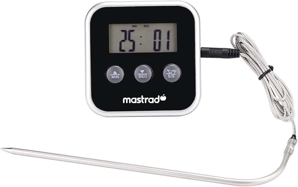 Mastrad - Digitales Bratenthermometer M°square – Küchenthermometer mit Sonde – Ofenthermometer mit Alarm & Timer – Fleischthermometer 0–250°C – Magnetisch, Schwarz/Edelstahl