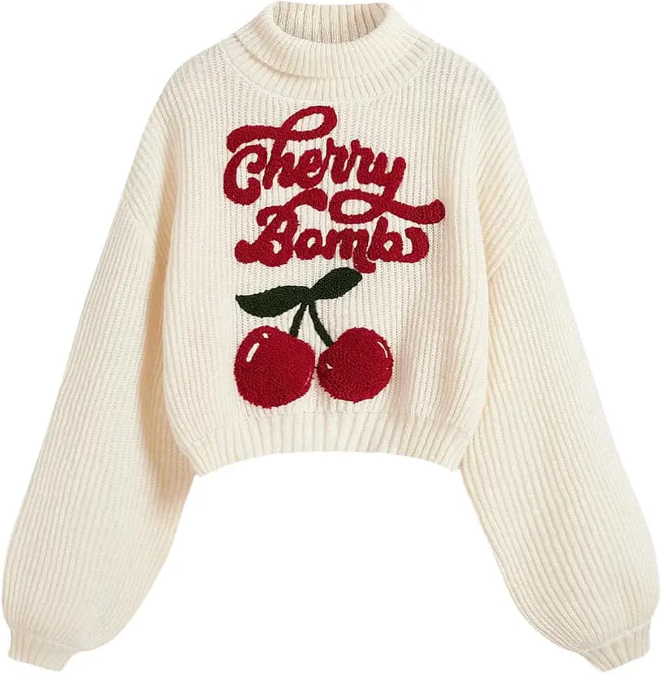 BEAUDRM Women's Cherry Embroidered Turtleneck Sweaters Long Sleeve Knit Pullover Tops Knitwear