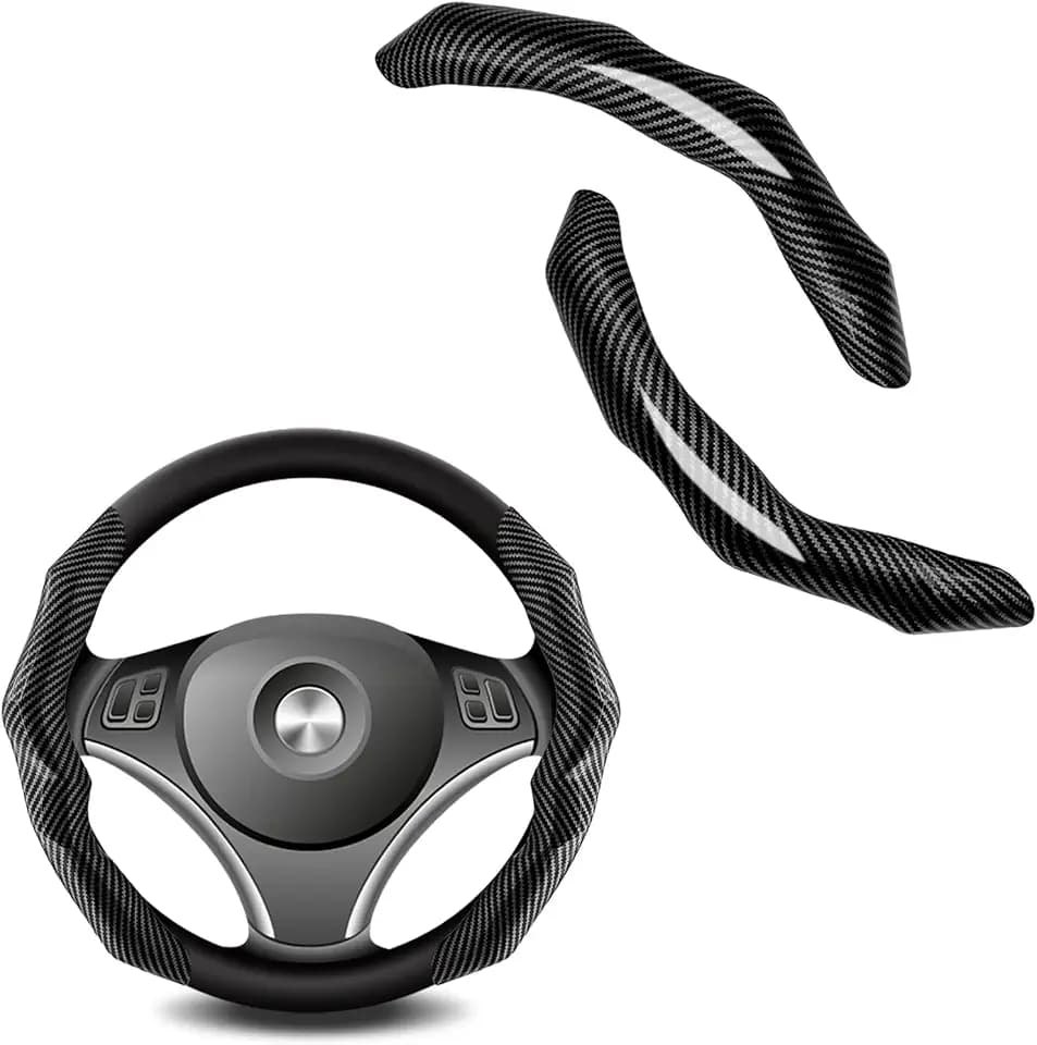 2pcs Universal Carbon Fiber Steering Wheel Cover - Anti-Slip & Segmented Design, Cool Irregular Shape Grip Steering Wheel Protector for Men and Women, Car Interior Accessory (Black)