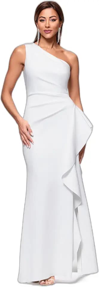 Xscape Women's Floor Length One Shoulder Ruched Waist with Ruffle Bodice Evening Dress with Side Slit