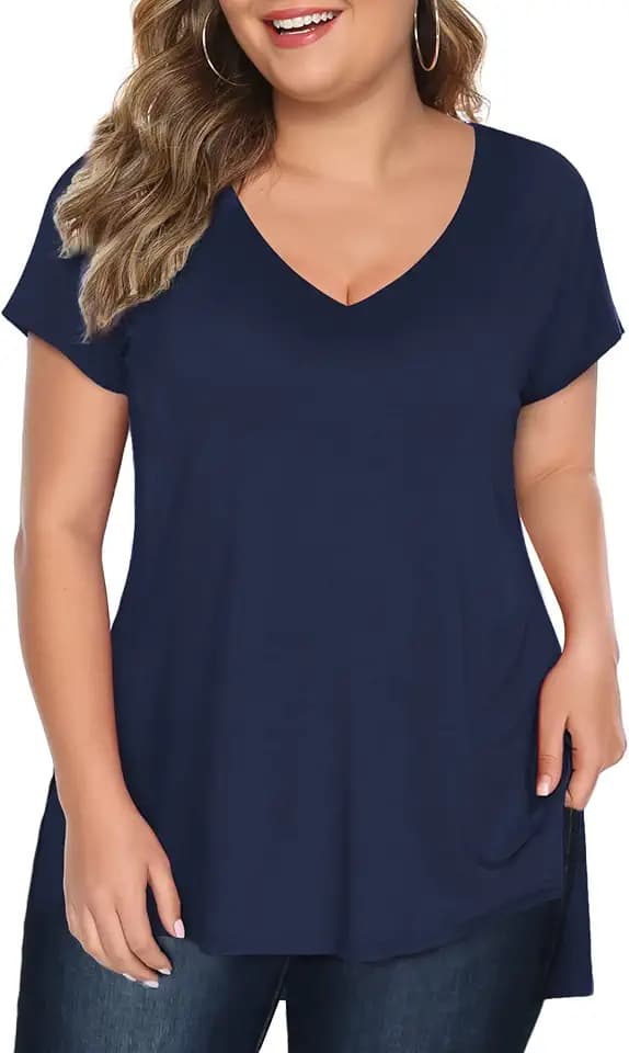 Florboom Women Plus Size Tops Long/Short Sleeve V Neck T Shirts Casual Loose Fit Basic Tee Tshirt