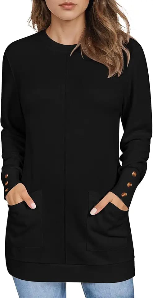 LOMON Long Sleeve Womens Tunic Tops to Wear with Leggings Loose Fit Crew Neck T Shirts with Pockets