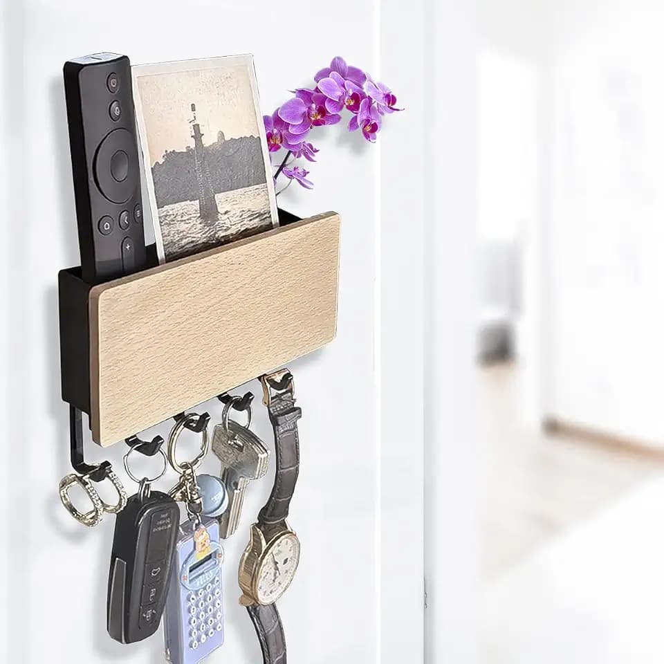 Echehi Leichte Schlüsselhalter mit 5 Haken, Einfach zu Installierende Schlüsselbrett Ohne Bohren, Kleine Schlüsselablage, Briefständer, Geeignet für Eingangsbereiche und Hinter Türen. Schwarz