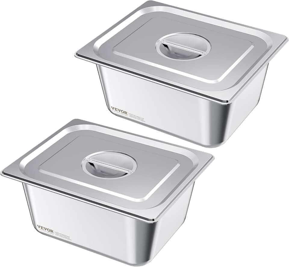 VEVOR 2 Pack Stainless Steam Hotel Pans, 1/2 Size Table Steam Pans With Lids, 6 Inch Deep, Anti Jam Restaurant Supplies Reusable Catering Storage for Home, Party, Restaurant, Hotel, Buffet