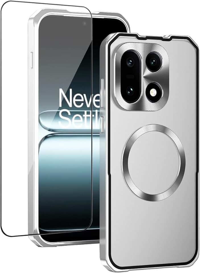QUIETIP Magnetic Case for OnePlus 15 with Screen Protector,[Compatible with MagSafe] Metal Frame + Translucent Matte Drop Protection Cover,Silver