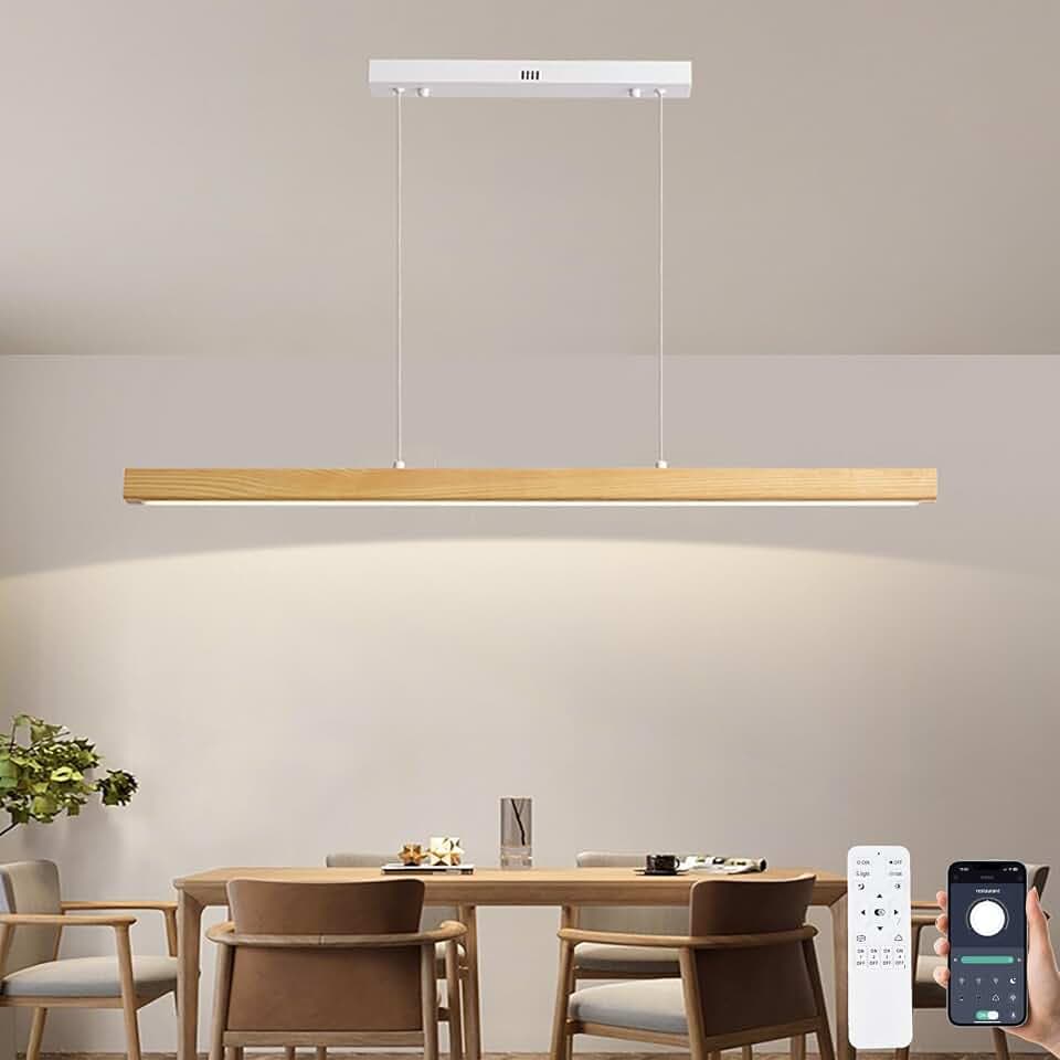 Lineare Holz LED Pendelleuchte für Esstisch, Fernbedienung & App, 100CM 36W