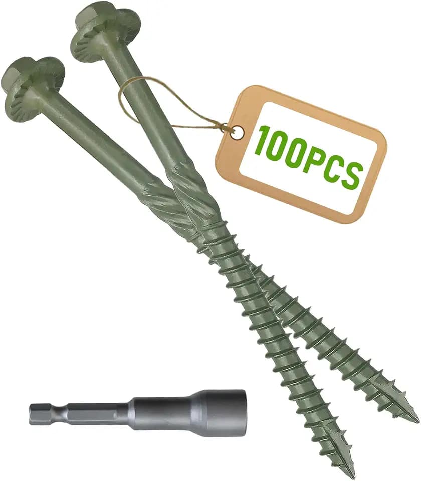 [Pack of 100] #14 x 6 Wood Structural Screws, Green Coated Heavy Duty Hex Head Timber/Log/Landscaping Wood Screws, Rust Resistant, Hex Socket Included