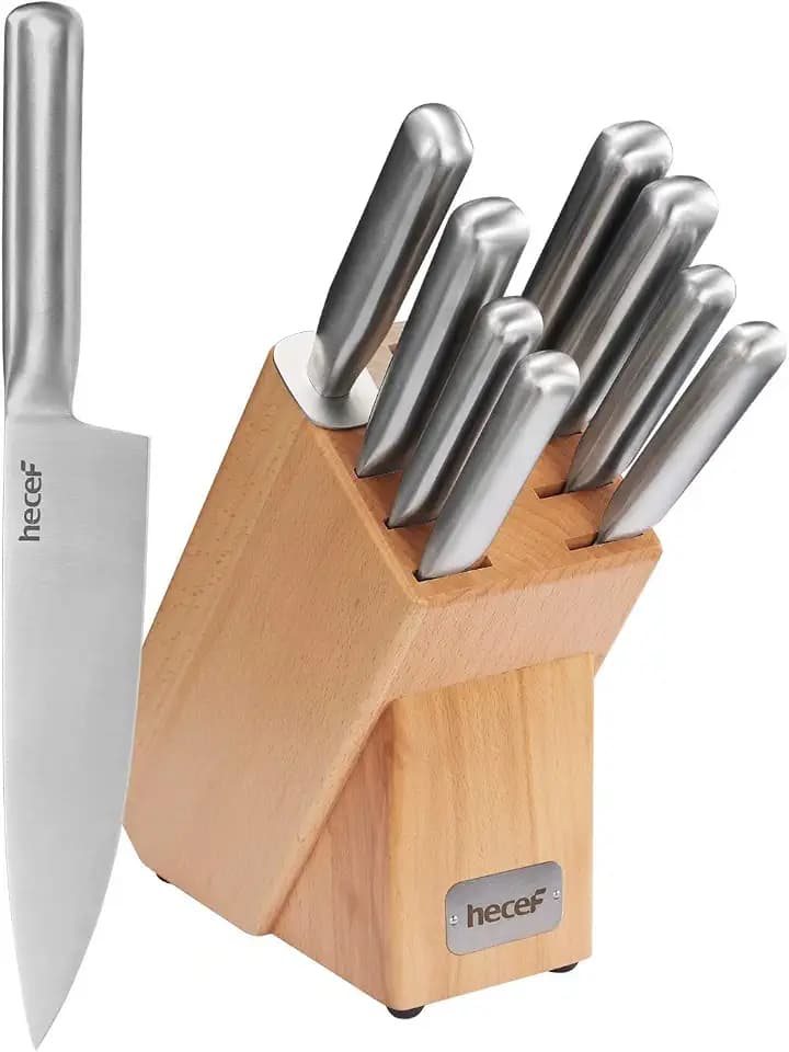 hecef Messerblock mit Messerset, 10 tlg Küchenmesser Set mit Holzblock & Schärfstange, Edelstahl Kochmesser Set,Baumesser-Set komplett aus Metall