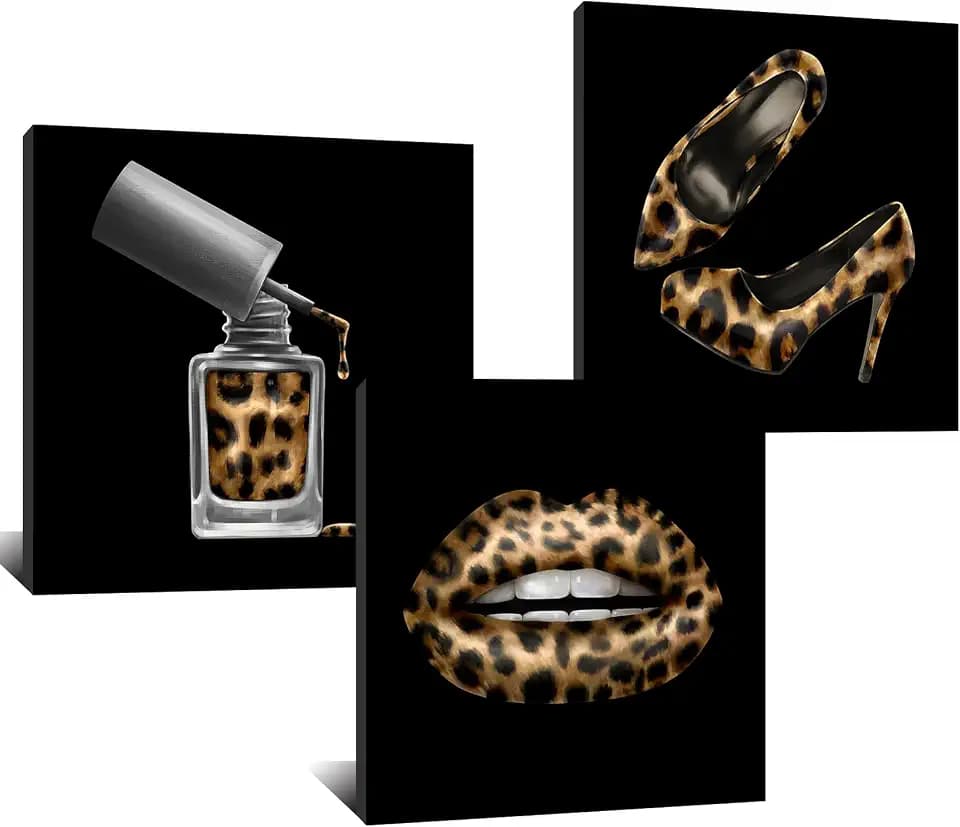 Kalormore 3 Pieces Fashion Wall Art Leopard Print Lip High Heels Pictures Modern Black Gold Fashion Bathroom Wall Decor 12"x12"x3pcs