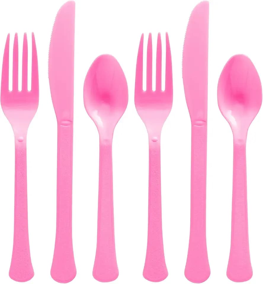 Reusable Bright Pink Plastic Cutlery Assortment - Pack of 80 (Forks, Knives, Spoons) - Perfect for Parties, Picnics, and Holiday Celebrations